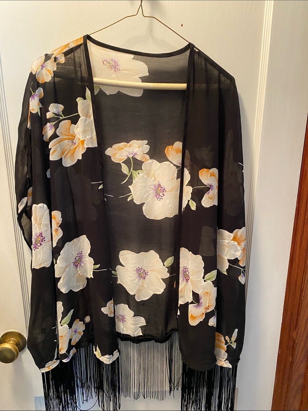 Sheer Black Floral Swim Cover-Up Kimono with Fringe